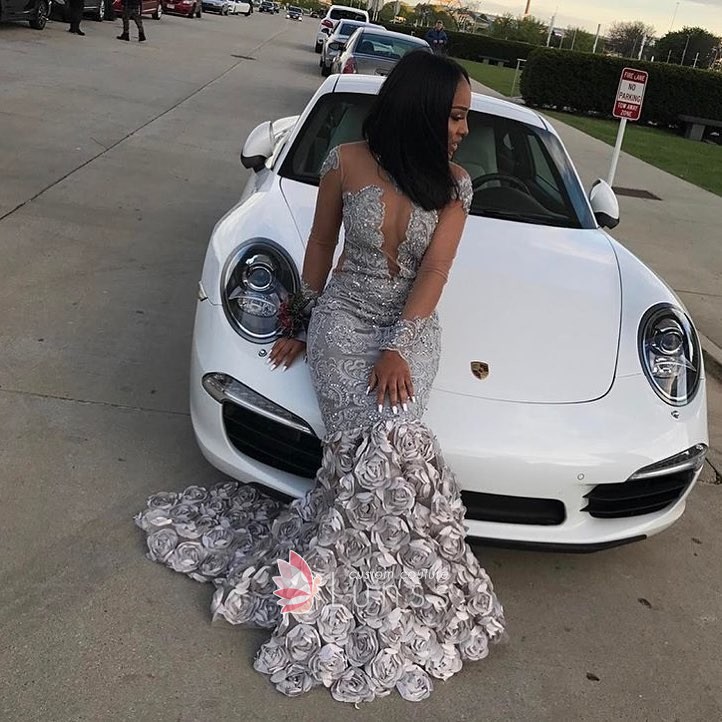 silver beaded illusion lace 3D rosette mermaid prom dress silver beaded illusion lace 3D rosette mermaid prom dress