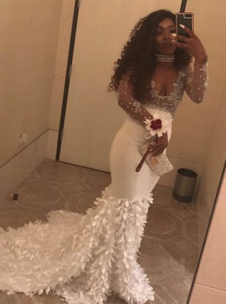 silver beaded long sleeve white leaf mermaid prom dress