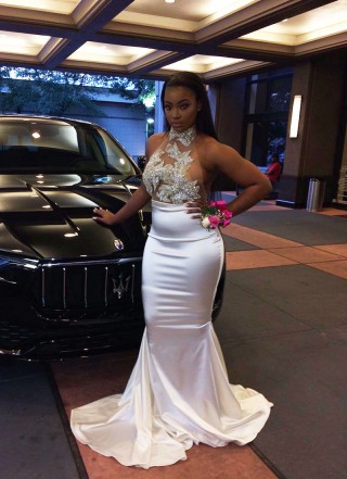 silver beading bodice ivory satin mermaid prom dress