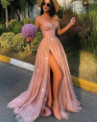 sparkly glitter tulle pink slit a line prom dress
