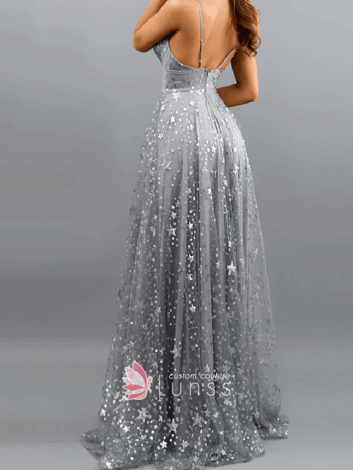 star glitters brush train evening dress