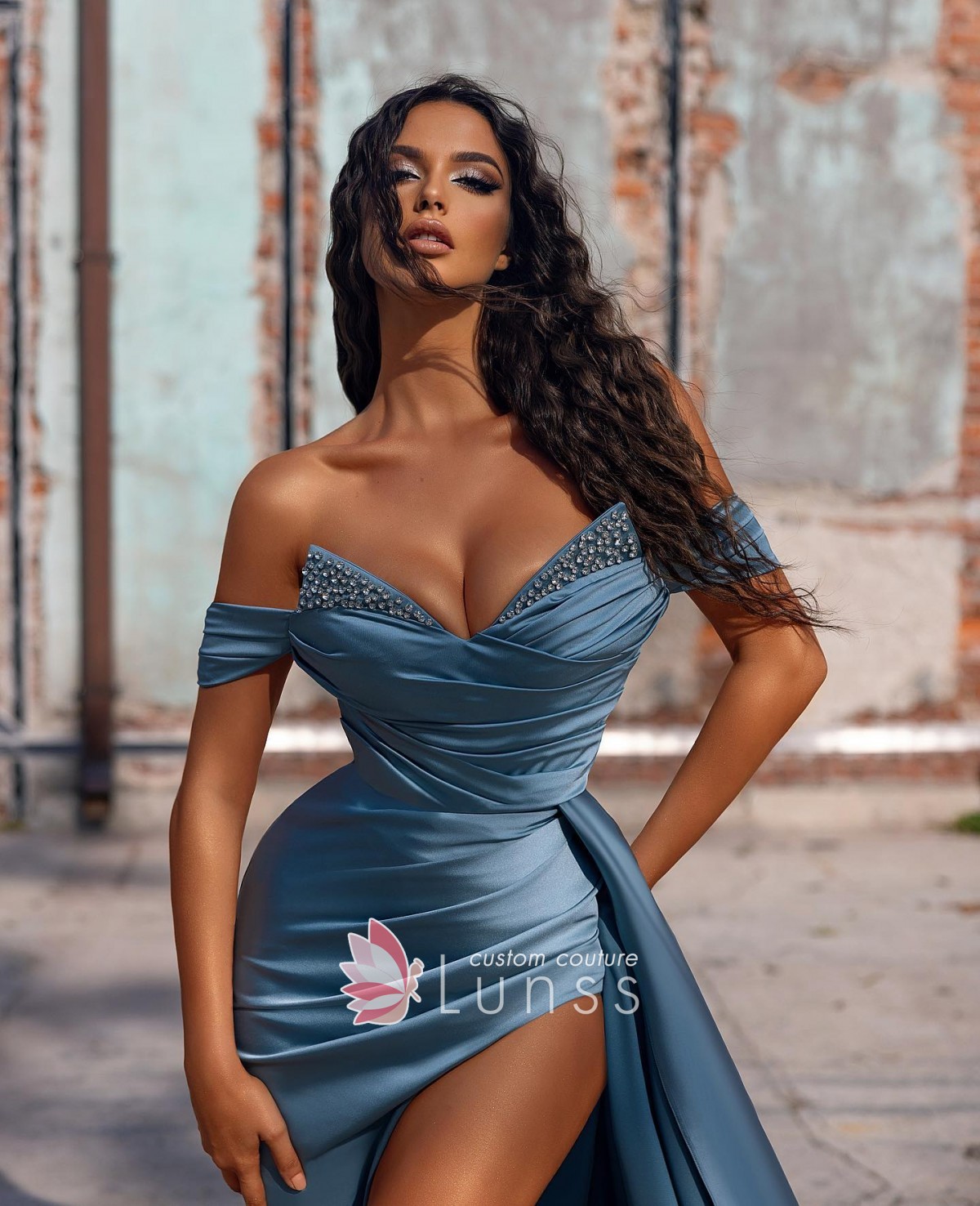 unique beaded blue split evening dress unique beaded blue split evening dress