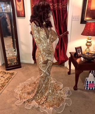 unique gold sequin long sleeve african american prom gown