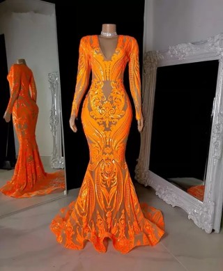 unique orange sequin long sleeve mermaid prom dress