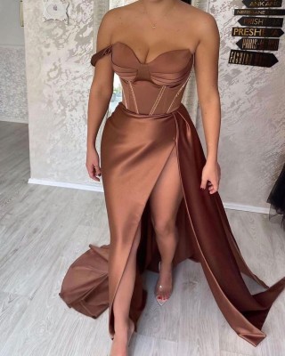 unique single strap corset bronze satin slit prom dress