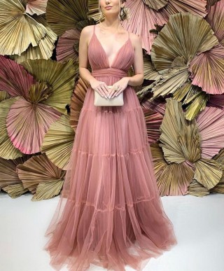 vintage rose tulle v neck spaghetti straps evening dress
