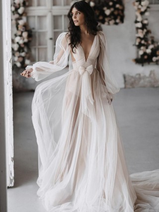 voluminous pleated sheer ivory tulle a line evening dress