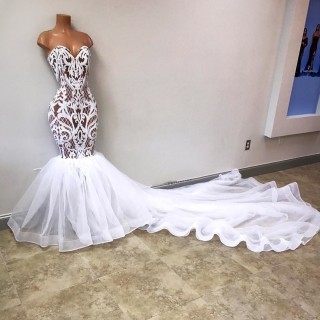 white geometric lace organza long train trumpet prom gown