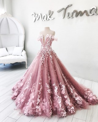 white pearls 3d flower lace vintage pink ball gown