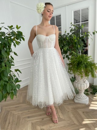 white tulle with colorful hearts tea length evening dress