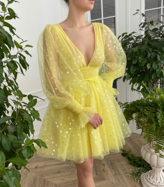 yellow tulle colorful hearts puff long sleeve mini dress