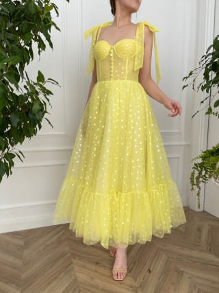 yellow tulle colorful hearts tea length evening dress