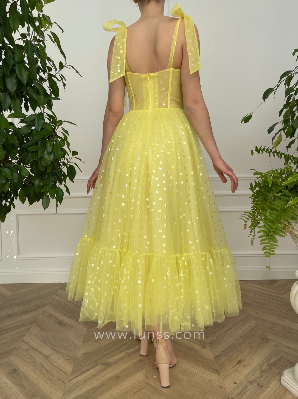 yellow tulle with printed colorful hearts corset tea length evening party dress yellow tulle with printed colorful hearts corset tea length evening party dress