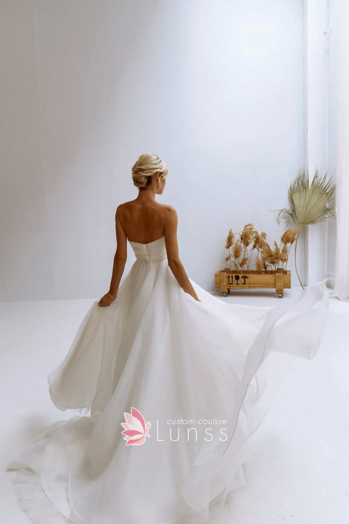 Simple elegant white organza long wedding dress with chapel train Simple elegant white organza long wedding dress with chapel train