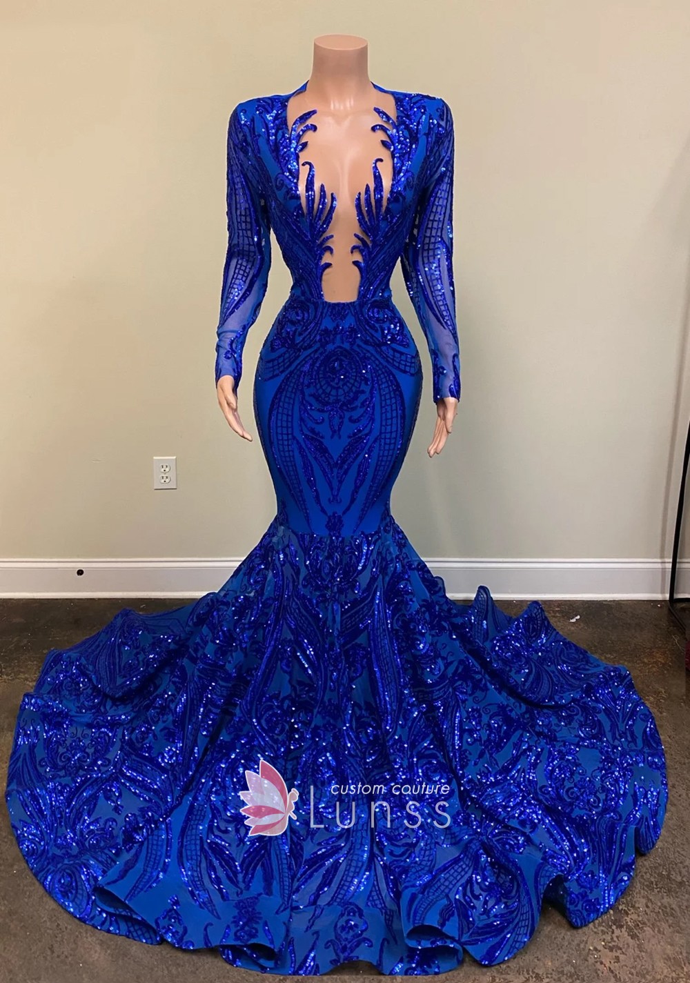 Amazing Blue Sequin Jagged Plunging Neckline Prom Dress - Lunss