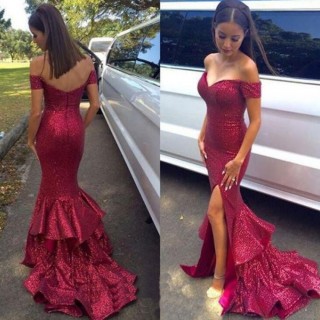 amazing magneta red sequin mermaid tiered prom dress