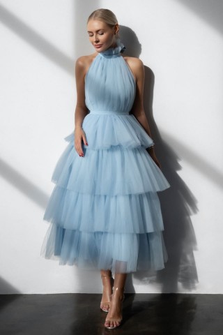 backless tiered blue tulle airy maxi dress