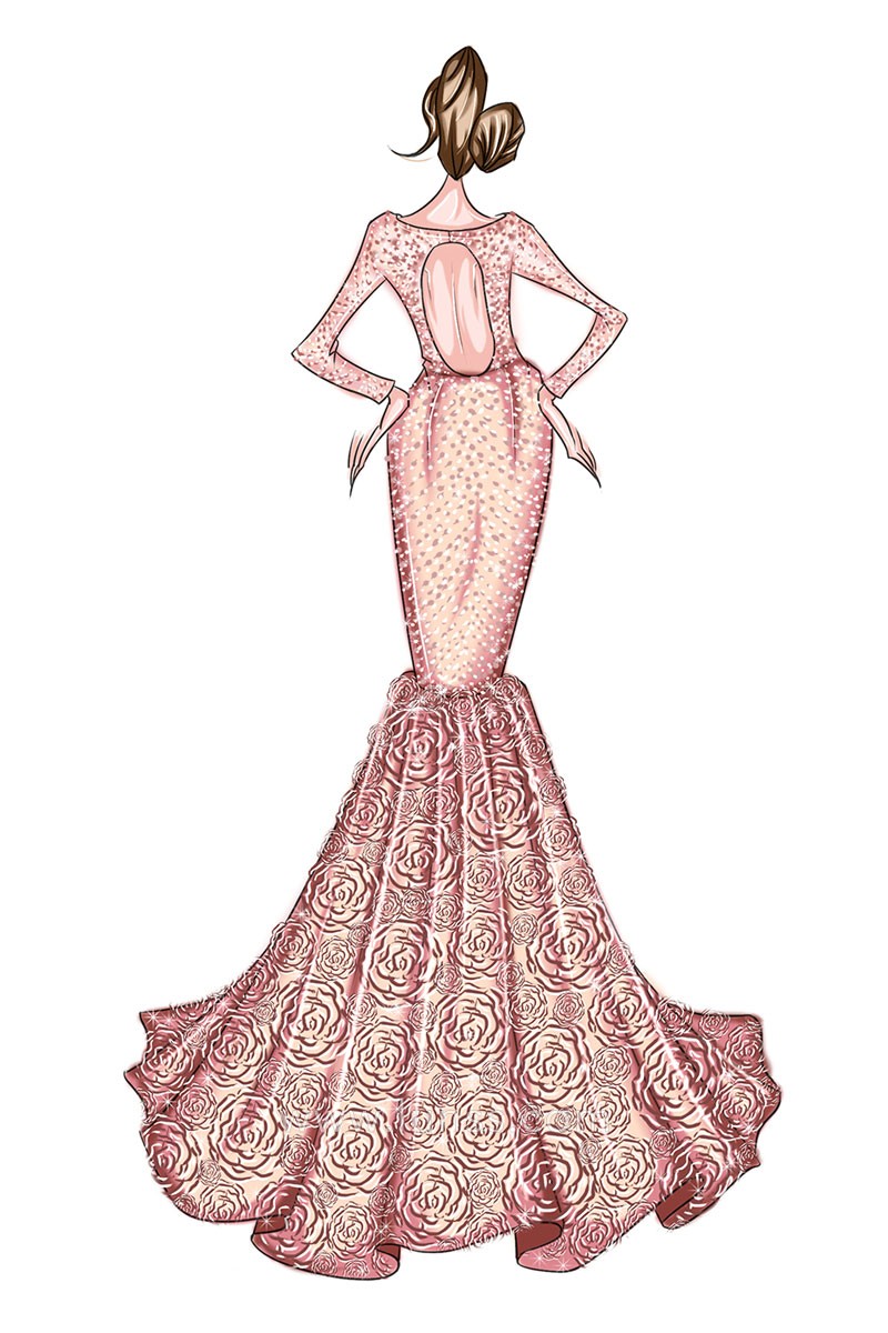 beaded 3d rosettes trumpet dress sketch