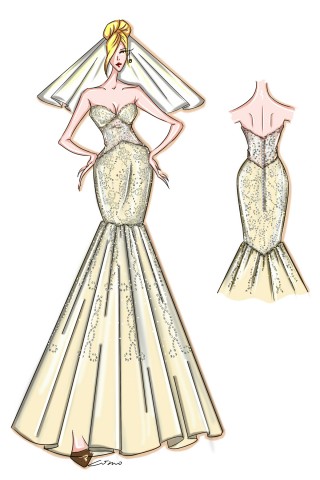 beaded daffodil trumpet bridal dress sketch