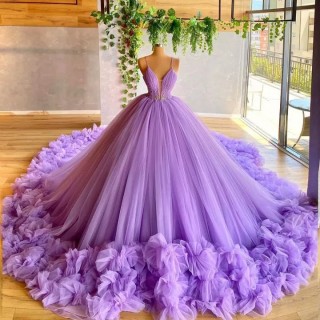 Lunss Scattering Feather Appliqued Purple Tulle Ball Gown Dress