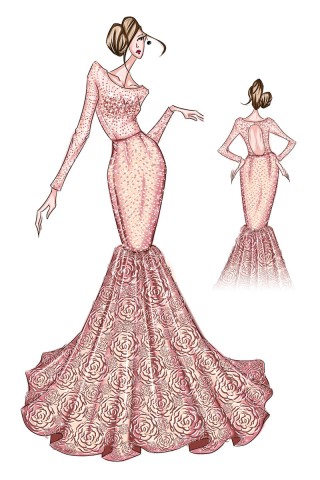 beaded long sleeve 3d rosettes trumpet prom dress sketch