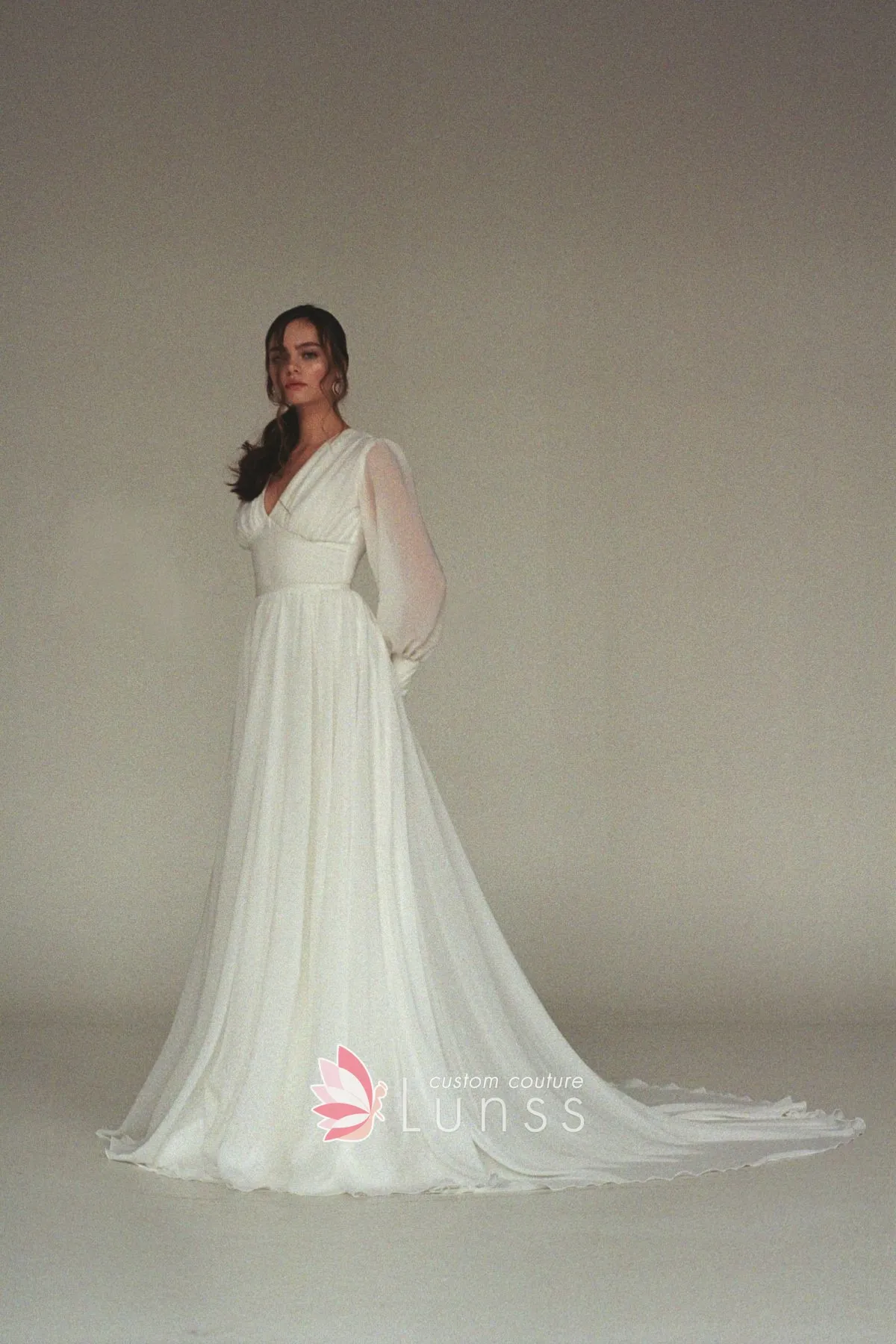 boho style bishop sleeve ivory chiffon A line long minimalist wedding dress boho style bishop sleeve ivory chiffon A line long minimalist wedding dress