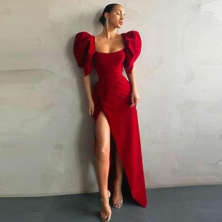 chic red short puff sleeve slit long evening prom dress