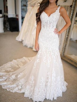 classic ivory lace drop waist mermaid wedding dress