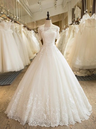 classic ivory lace off the shoulder half sleeve ball gown