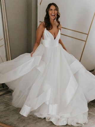 deep v neckline with spaghetti straps tulle bridal gown