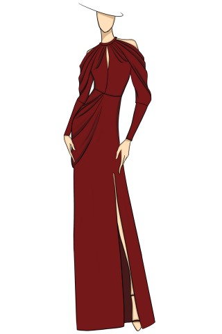 designer sketch of off shoulder long sleeve red dress