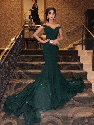 elegant glitter dark green off the shoulder evening dress