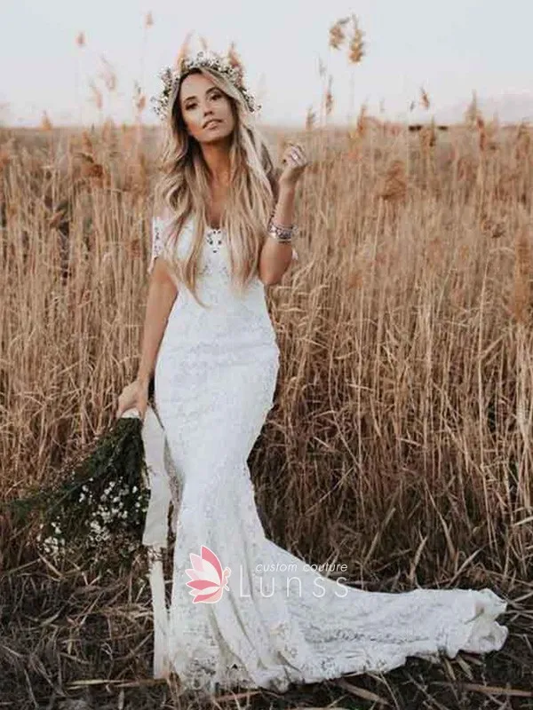 feminine ivory lace boho wedding dress