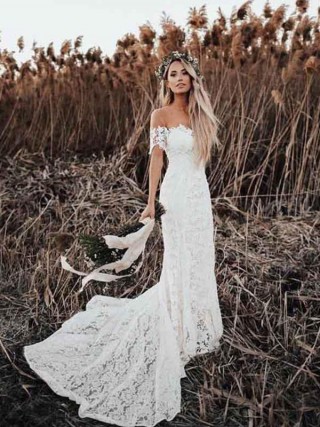feminine off the shoulder ivory lace boho wedding dress