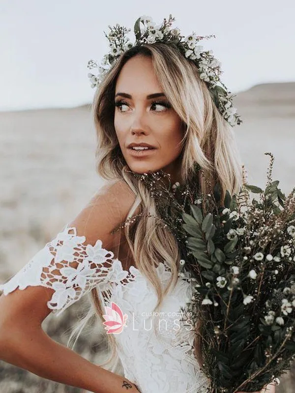feminine off the shoulder soft ivory lace outdoor boho wedding dress