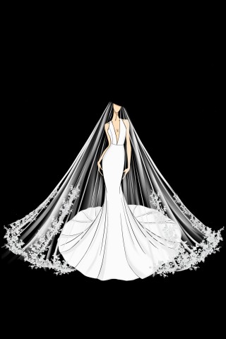 floor length sheer tulle lace veil wedding dress sketch
