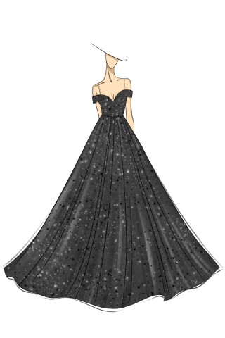 glittery black cold shoulder prom dress sketch