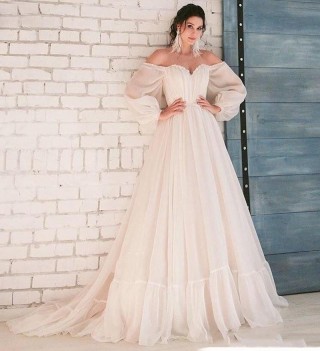 illusion puff sleeve cream chiffon beach wedding dress