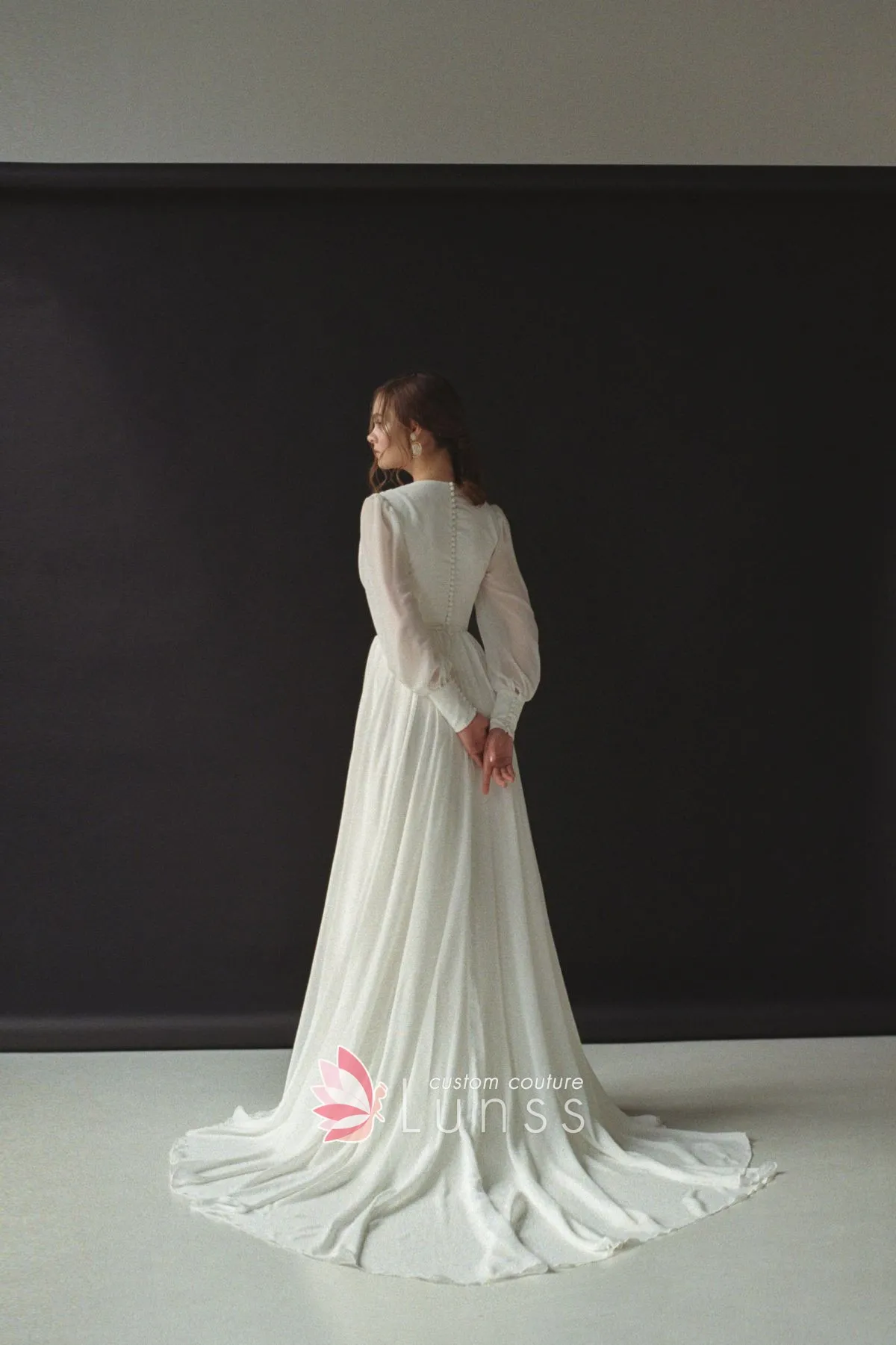 ivory chiffon long sleeve button back bridal dress ivory chiffon long sleeve button back bridal dress
