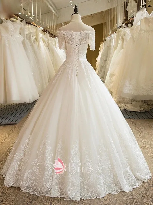 ivory lace off the shoulder half length sleeve princess wedding dress ivory lace off the shoulder half length sleeve princess wedding dress