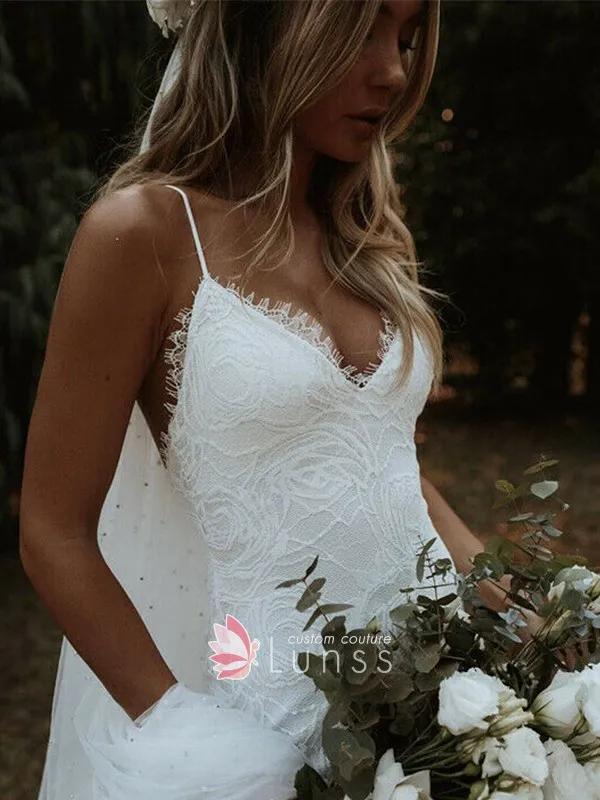 ivory lace v neck spring wedding dress