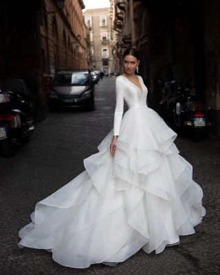 ivory satin flounced organza designer wedding ball gown