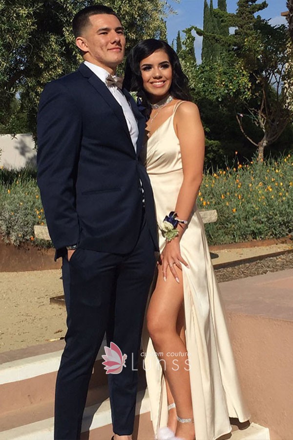 ivory satin long simple prom dress with thigh high slit ivory satin long simple prom dress with thigh high slit