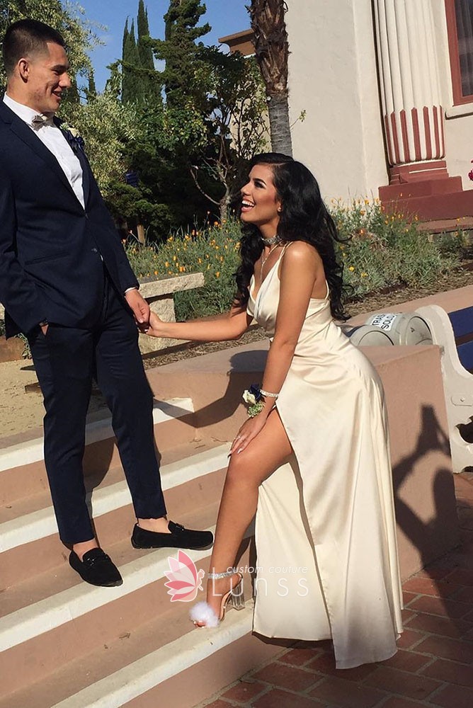 ivory satin simple long slit prom dress ivory satin simple long slit prom dress