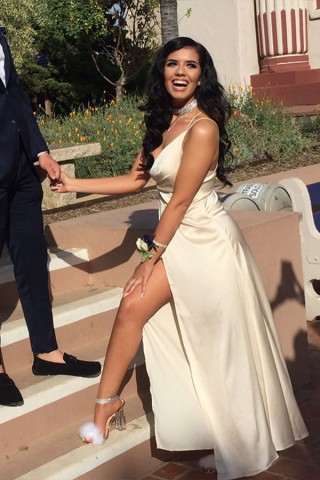 ivory satin simple spaghetti straps long slit prom dress