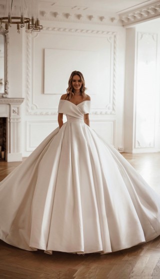 ivory satin v neck cathedral train wedding ball gown