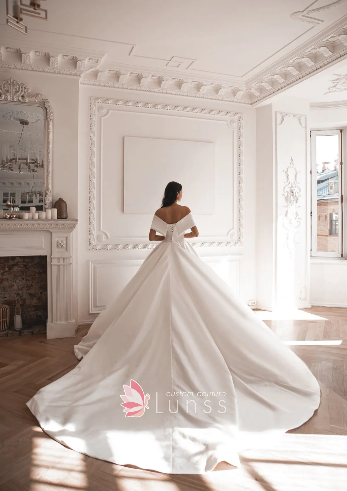 lace up back Cathedral train ivory satin wedding gown lace up back Cathedral train ivory satin wedding gown
