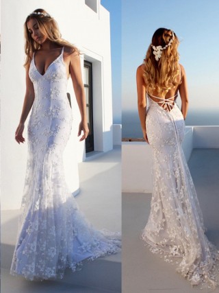 mermaid ivory white lace low back beach wedding dress