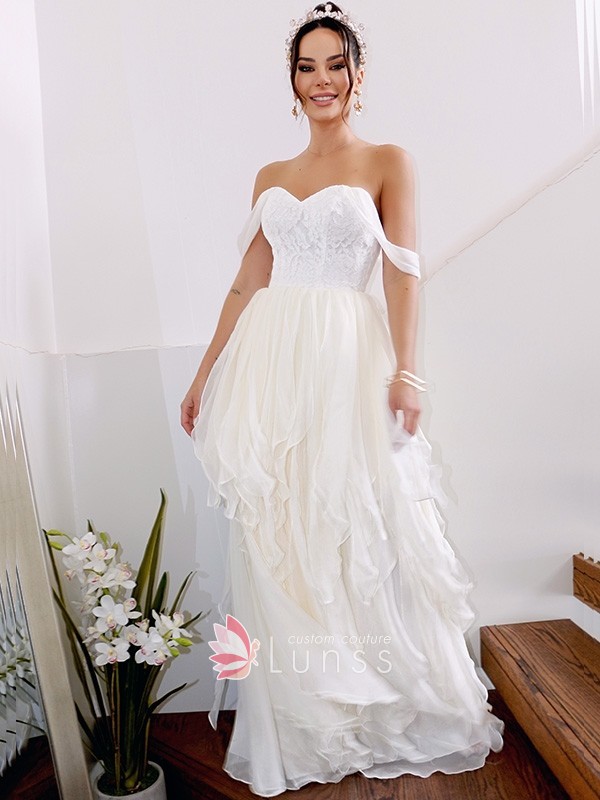off the shoulder white lace ruffled chiffon bridal dress