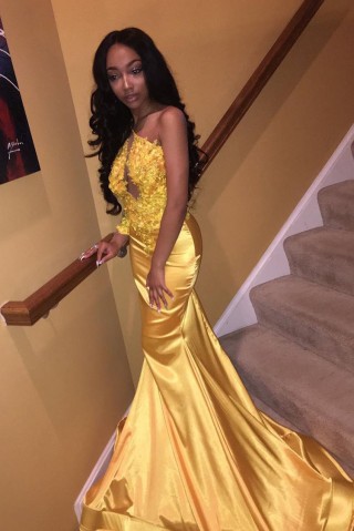 one shoulder bright gold lace and satin long prom dress